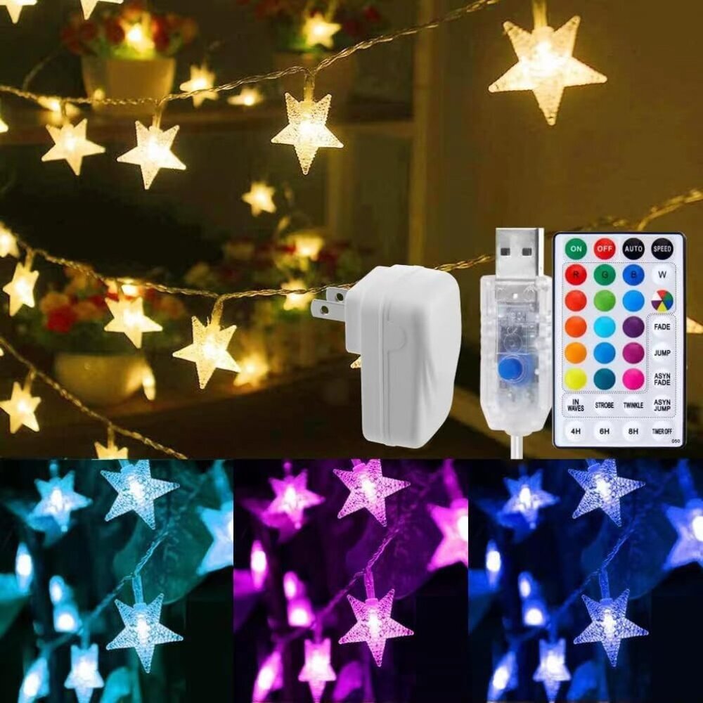 Star String Lights for Bedroom - 33 ft Plug-in Color Changing Star String Lights